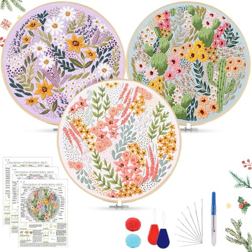 AOTWAN Blumenmuster Stickset für Anfänger Sticken Set Erwachsene Embroidery Kit Pflanzen Stickerei Set mit 2 Stück Bambus Stickrahmen, Anleitung und Werkzeuge Kreuzstich Set DIY Set