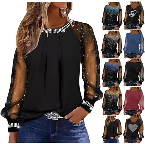Women Black Long Shirts Shiny Sequin Shirts Glitter Sexy Graphic Tees Mesh Tops Print T-Shirt Casual Cold Loose Long Sleeve Tops Fashion Off Shoulder Party Blouse (02-Black, L)