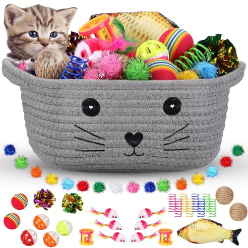 Zopeal 58 Pcs Mother’s Day Cat Storage Basket Gift Toys Set, Colorful Flashing Balls Pet Bell Crinkle Balls Spring Toys Attract Cat to Swat, Hunt, Interactive for Pet(Grey,9.8 Inch)