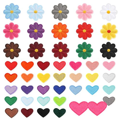 92 Pcs Iron On Patches Kit - Mini Flower & Chrome Heart Fabric Patches | Eco-Friendly, Washable DIY Patches for Clothes, Hats, Jeans (Kids/Adults) - Craft & Repair