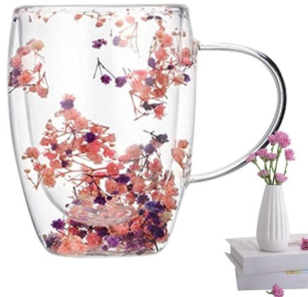 Tasse en verre à double paroi de fleurs sèches, tasses à café en verre à double paroi, tasses esthétiques de fleurs séchées avec poignées, tasses à expresso, tasses à thé transparentes(C)