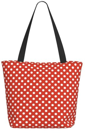 Handtasche für Damen mit roten und weißen Punkten - Leichte und wiederverwendbare Canvas-Tasche mit Reißverschluss - Baumwollhandtasche mit Schultergurt für Lebensmittelbeutel