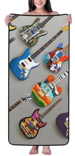 JKSEEPYN Badetuch mit bunten Gitarren, bedruckt, 68 x 140 cm, Korallensamt, saugfähig, Badetuch für Badezimmer, Strand, Reisen, Spa, Yoga