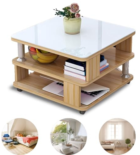 GHBXJX Couchtisch Quadratisch Hochglanz weiß, Sofa Tisch Beistelltisch mit Rollen, Beistelltisch Couch, Wohnzimmertisch für Balkon, Büro, holztisch betttisch,White 4,60/cm