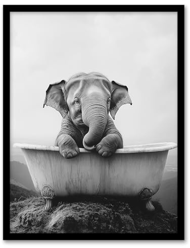 Artery8 Cute Baby Elephant In Bathtub Black White Surreal Bathroom Toilet Art Print Framed Poster Wall Decor 12x16 inch
