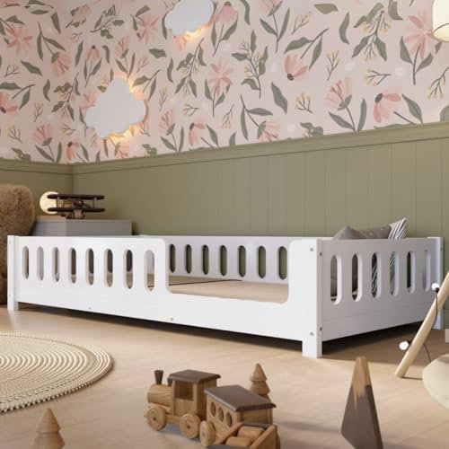 Crazy Pine Kinderbett 90x200 cm – Weißes Montessori Bodenbett mit Rausfallschutz aus MDF – Sicheres Kleinkindbett mit Abgerundeten Kanten – Einstieg rechts – Einfache Montage – Crazy Ethan