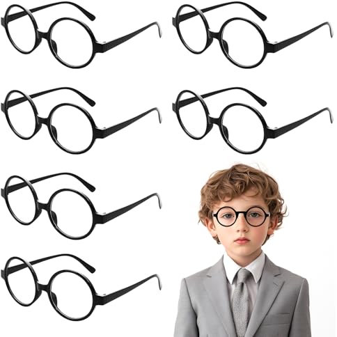 Idota 6 Stück Retro Runde Brillen Schwarz Zauberer Spielzeugbrille Ohne Linsen Brillenrahmen Kunststoff Nerd Brillen Kostüm Zubehör für Karneval Mottoparty Fasching Kostüm Cosplay