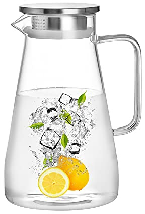 CNGLASS 1650ml Glaskrug Wasserkaraffe mit Griffen,Glaskaraffe mit Edelstahl Deckel, Heiße und kalte Glas Karaffe,für hausgemachte Getränke/Kaffee/Milch/Eistee/Wein/Saft