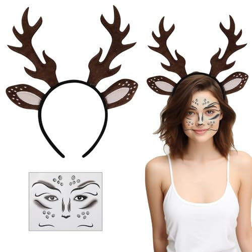 Karneval Kostüm Damen Mädchen, Haarreif Reh Geweih Hörner Rehohren mit Blumen + Reh Gesichtstattoo, Damen Kinder Reh kostüm Kopfschmuck Haarreifen Fasching Mottoparty Halloween Kostüm