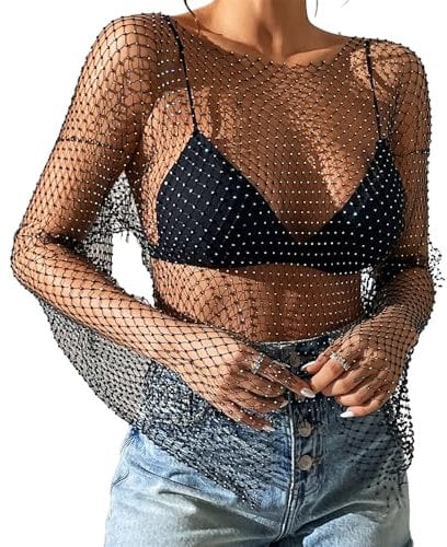 KFLY Sexy Sheer Tops for Women Rhinestone Fishnet Blouse Glitter Tank Crop Top Hollow Out Beach Cover Up Dress Summer Round Neck Clubwear Rave Outfit Festival Y2K