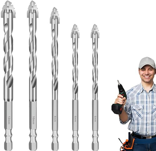 Masonry Drill Bits Set – 5PCS 4 Blade Serrated Eccentric 4 Flute Drill Bit, Fine-Polished Car Tile Drill Bits for Masonry, Brick & Concrete, 6/6/8/10/12mm Concrete Drill Bit for DIYers & Professionals