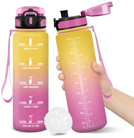 Gourde, 1000ML Sans BPA, Gourde sport, Conception de Verrouillage Anti-Fuite, Bouteille, Avec Horodatage, Bouteille Eau pour École, Yoga, En cours d'exécution, Escalader Des Montagnes - JauneRose