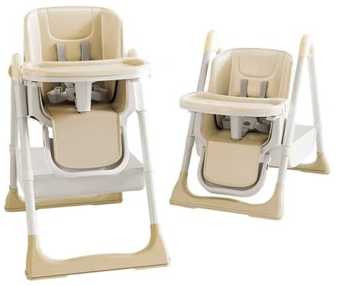 ONNWIN Hochstuhl Baby, Kinderhochstuhl mit Babyliege, Verstellbar Klappbar Hochstuhl Baby mit Essbrett und Rollen,Korb, mitwachsend ab 6 Monate bis 6 Jahre Babystuhl (Beige)