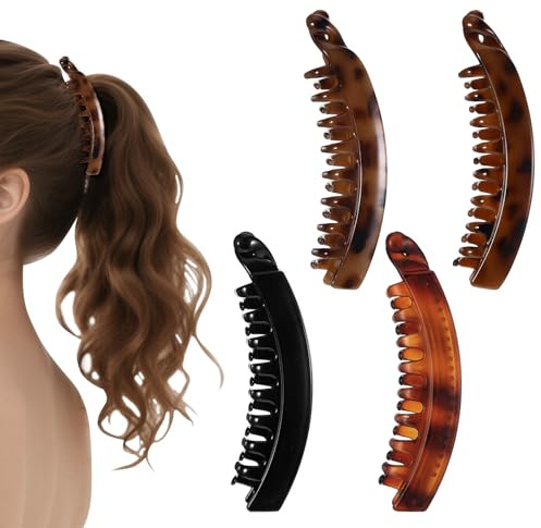 4 Stück Banana Clip Dickes Haar im Schildpatt-Design, Klassische Bananen Haarspange für Damen, Vintage Bananenspange Haare für Sicheren Halt, Elegante Haarklammer Groß für Pferdeschwanz & Alltagslooks