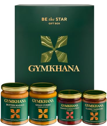 Gymkhana Be The Star Gift Box, Indian Cooking Sauces & Marinades - 4 Pack | 1 Jar of Each, Butter Masala, Goan Curry, Roasted Garlic & Chilli and Classic Tandoori Marinade | Indian Food Gifts for Cooks