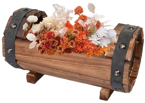 Generisch Halbfass Pflanzer, rustikaler Vintage -Holzpflanzer mit Metallbändern, erhöht