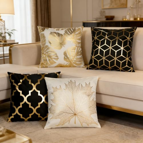 Sumneo 4er Set Kissenbezug 45x45 cm Samt Goldgeprägtes Ginkgo Blatt Muster Zierkissen Sofakissen Couchkissen Wohnzimmer Schlafzimmer Home Decor (2 Black and 2 White)