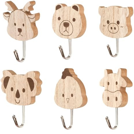 Nujvnuj 6 Stück Niedliche Tier Kleiderhaken Selbstklebende Holz-Wandhaken Perfekte Kinder-Garderobe für Schlafzimmer Badezimmer Kinderzimmer (Süße Cartoon-Tier-Deko Kein Bohren nötig) (Stil 2)
