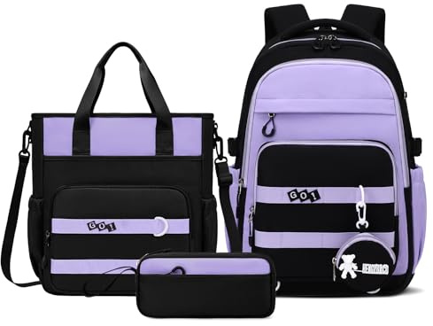 Amythe Schulrucksack Mädchen Teenager, 3-tlg. Leichter Schulranzen, Lila | Schultasche Set für Mädchen 5.-12. Klasse mit Umhängetasche Federmappe, Wasserdichter Rucksack Tagesrucksäcke, Schulstart