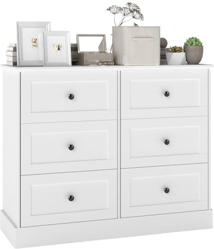 Songvas Kommode mit 6 Schubladen, weiße Schlafzimmerkommode aus MDF, großer Schubladenschrank mit Anti-Kipp-Schutz, für Schlafzimmer, Wohnzimmer & Flur, 108 x 40 x 87 cm