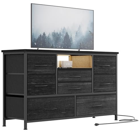 JOLLYTOP Commode avec tiroirs, meuble TV avec tiroirs en tissu, support TV avec éclairage LED, cadre en métal, organisateur de commode, pour chambre à coucher, couloir, salon, noir et gris