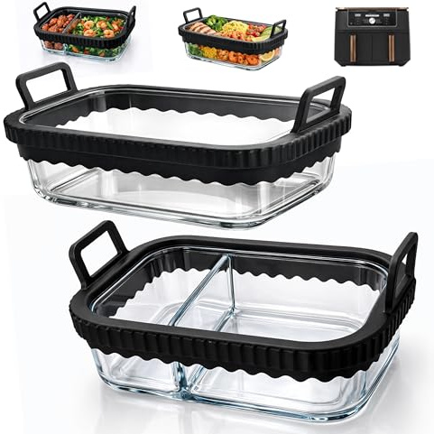 Hivio 2 Stück Auflaufform Airfryer für Ninja Heißluftfritteuse AF400EU/AF500EU/COSORI Heißluftfritteuse 2 Kammern, Glas Airfryer Zubehör, BPA-frei, Herausnehmbarer Silikonring