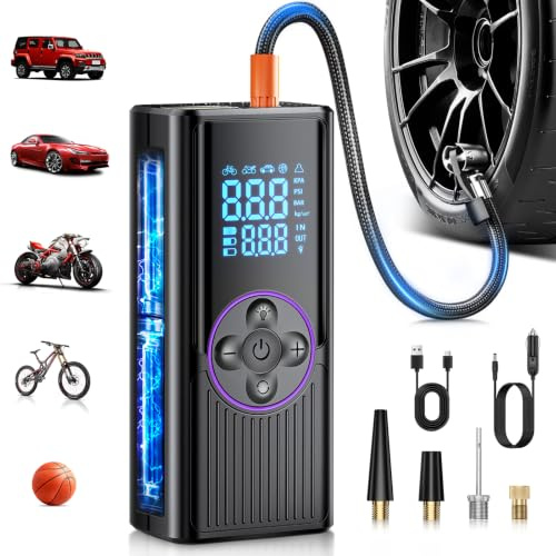 Compresor Aire Portátil 8000mAh, 150PSI Inflador Ruedas Coche, Inflador Electrico Bicicleta de Doble Alimentación con Pantalla Digital y Luz LED, Apagado Automático para Coche, Moto, Bicicleta, Pelota