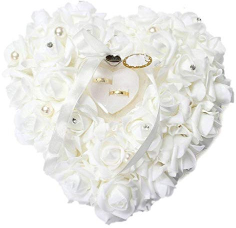 Amoyeric Coussin Porte-alliances en Forme de cœur, orné de Roses et d'un Ruban - Porte-Bijoux de Style Romantique pour Mariage, Plastique, Blanc, Taille Unique