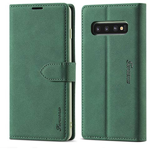 LOLFZ Wallet Case for Samsung Galaxy S10 Plus, Vintage Leather Case Card Holder Kickstand Magnetic Closure Flip Case Cover for Samsung S10 Plus - Green