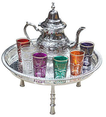 Ensemble de thé marocain complet. Plateau de 37 cm de diamètre en acier inoxydable avec pieds. Grande théière. 6 verres en verre colorés.