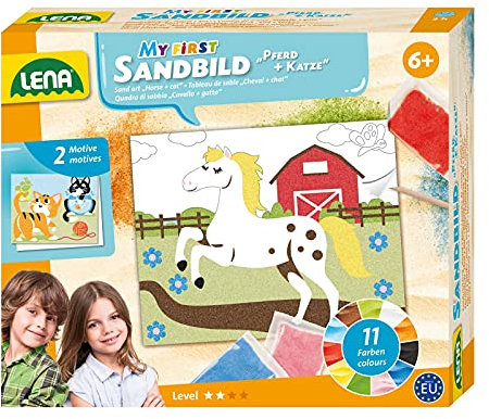 Lena 42670 Bastelset Mein erstes Tiere, Komplettset mit 2 Motiven für Sandmalerei ca. 18 x 14,5 cm, 11 Farben zum Sandmalen, Sandbilder Set mit Pferd & Katzen für Kinder ab 6 Jahre, Mehrfarbig, Mittel