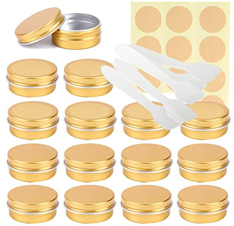 Lusdoly 100 Pièces Pots en Aluminium Or 15ml - Ø41x17mm Pot Cosmétique Bougie Aluminium Vides Pots de Voyage Rondes pour Crème avec Mini Spatule et Étiquette