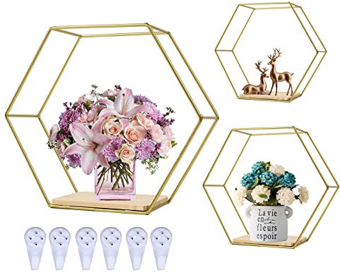 ZJT Metall Hexagon Wandregal, 3er Set Sechseckiges geometrisches Wandregal,für Wohnung, Arbeitszimmer, Schlafzimmer, Wohnzimmer, Flur Wanddeko (Gold)