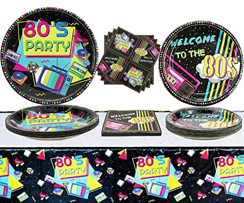 Hegbolke 80s Party Supplies - 61 Pcs 80s Plates Napkins Tablecloth Set, for Back to the 80s Party Decorations - Serve 20