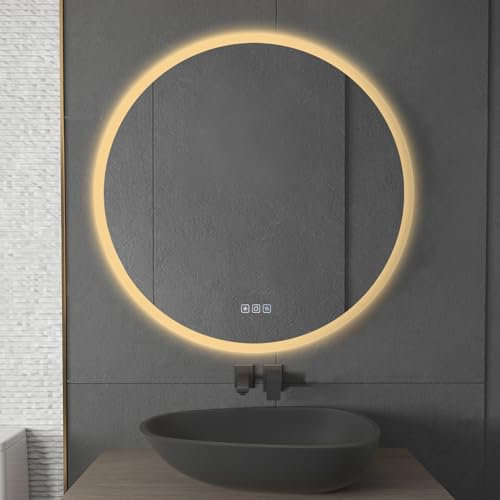 furduzz 700mm Round Bathroom Mirror with Lights, Wall Mounted Led Bathroom Mirror, Illuminated Backlit Bathroom Circle Mirror with Touch Switch, Dimmable, 3 Colour Change, Demister