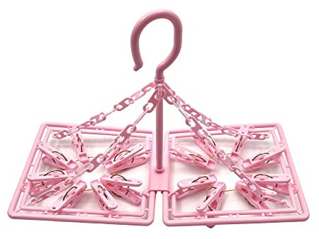 Faltbarer Wäscheständer aus Kunststoff - 16 Wäscheklammern - zum Trocknen kleiner Kleidungsstücke - Innen- und Außenbereich (Rosa)