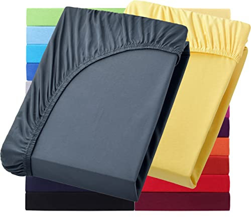 NatureMark Basic 2er Set Jersey Spannbettlaken 90 x 190 cm - 100 x 200 cm - 25 cm Steg - 100x200cm Spannbetttuch - 100% Baumwolle, Anthrazit & Gelb