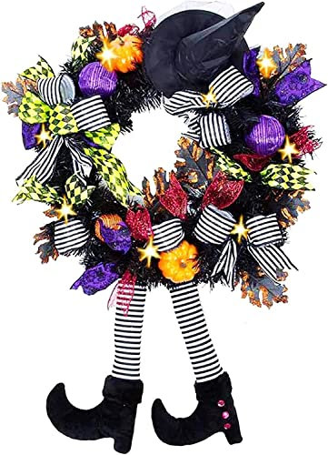 YUET Decoración de Corona de Puerta de Halloween Puerta de Entrada Corona Logo Sombrero y Pierna de Bruja de Halloween Vintage Calabaza Arco Hoja Guirnalda