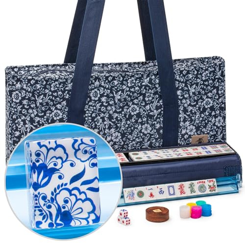 Yellow Mountain Imports American Mahjong Set, Chinoise II with Floral Blue Soft Case - All-in-One Racks with Pushers, Wright Patterson Betting Coins, Dice, & Wind Indicator