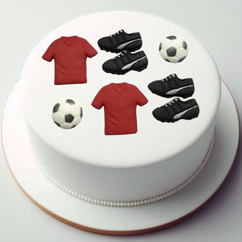 8x Football Happy Birthday Cake Toppers, Edible Fondant Cupcake Decor Red Shirt Fan Football Kit