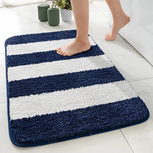 MIULEE Badematte Teppich rutschfest Badteppich Badezimmerteppich Streifen Weiche Badvorleger Maschinenwaschbar Mikrofaser Flauschiger Duschvorleger für Badezimmer 40x60cm Dunkelblau-Weiß