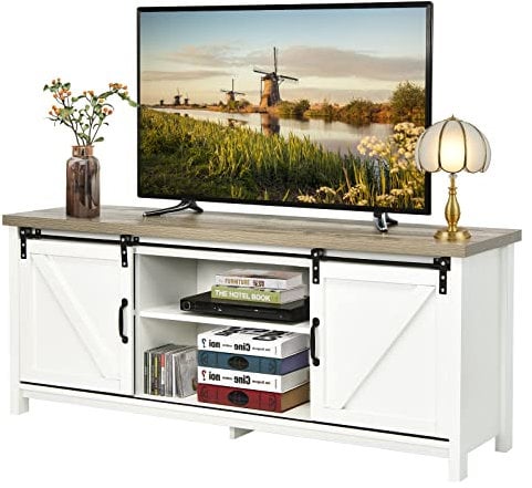 CASART Wooden TV Cabinet, 3 Tier TV Console Table with Sliding Barn Doors and Shelves, Rustic Media Entertainment Center for Living Room Bedroom Office (White)