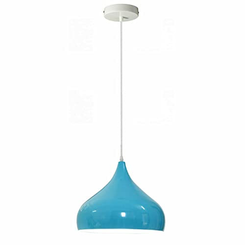 LEDSone Modern Hanging Pendant Light Fitting, Industrial Single Loft Ceiling Adjustable Lamp with Retro Shiny Metal Large Light Shade, E27 Base 1m Pendant for Living Room, Kithcen Island (Blue)