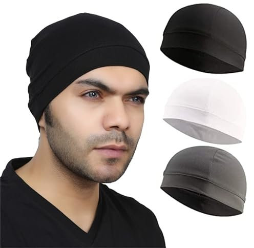 BISMAADH 3 Stück kühlende Totenkopf-Mütze für Herren, schweißableitende Mütze, Laufen, Radfahren, Fußballkopf, Beanie und harte Mütze, Schwarz, Grau, Weiß, Einheitsgröße