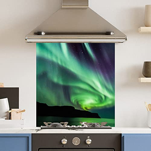 Premium 70 cm x 75 cm Northern Lights Glass 6mm Kitchen Splashback Heat Resistant Toughened Polished Edges - Back Splash Back Coloured Hob Painted Tempered Splashback