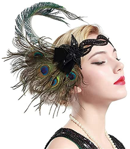 Damen Haarband mit Pfauenfedern, Vintage-Stil, Haarschmuck mit Perlen, 1920er-Jahre-Stirndekoration