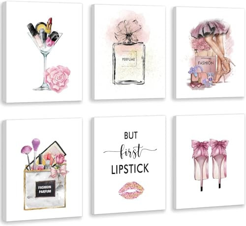 CHDITB Fashion Women Canvas Wall Art Fashion Wandbilder für Wohnzimmer Deko, Modernes Rosa Poster, 6 Stück - 20 x 25cm, Dame Lippenstift Parfüm Stilvolle Rosa Wandkunst Bilder für Schlafzimmer