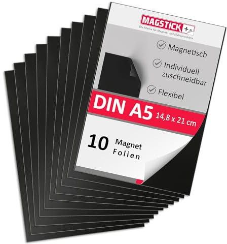 Magstick Magnetfolie 10 Stück I DIN A5 I Magnetklebefolie I flexibel selbstklebend zuschneidbar magnetisch beklebbar I zum Basteln ordnen I Stanzen Aufbewahrung Magnetbogen Fotomagnet I mag272