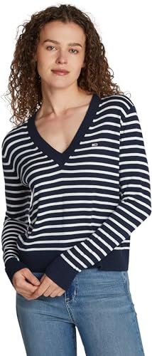 Tommy Jeans Jersey Mujer Cuello de Pico, Multicolor (Navy / White Stripe), M