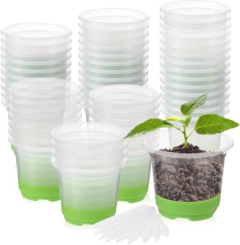 KAHEIGN 24Pcs Clear Plant Pots with Silicone Base, 10CM Round Plastic Nursery Pot Reusable Seedling Start Pots with Drain Holes and 20Pcs Plant Labels for Flower Plant Seedlings Transplanting (Green)